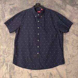 IZOD Men’s Short Sleeve Button-Down Shirt XXL Navy Blue Anchor Print 100% Cotton